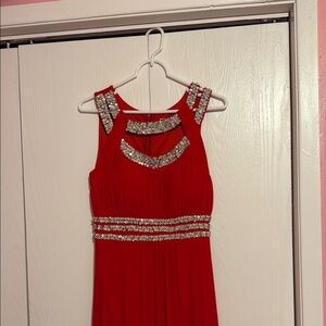 Red Sleeveless Gown with Silver Accents